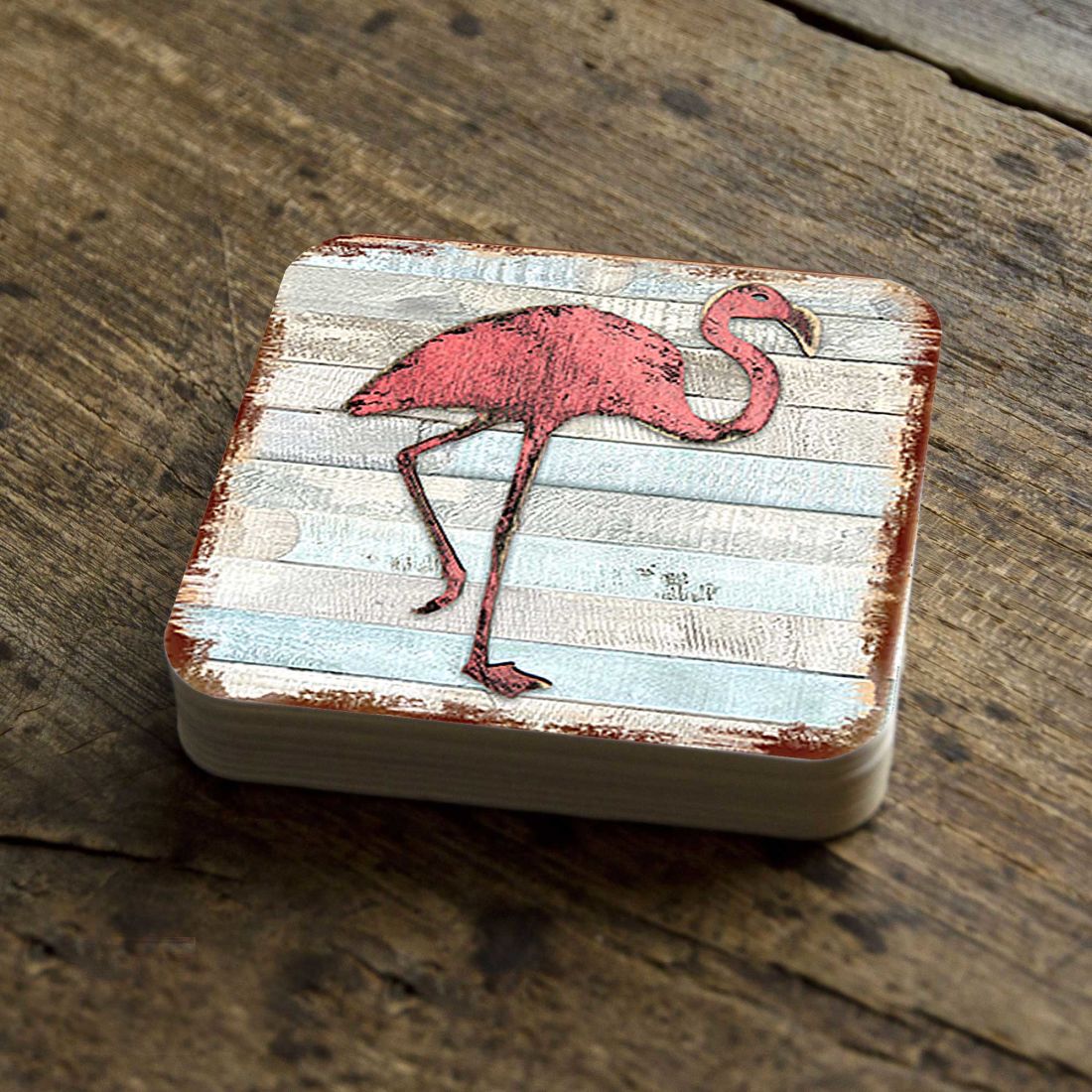 Flamingo Coastal Wooden Cork Coasters Gift Set of 4 by Nature Wonders - Coastal Sea-Life Decor - 8198544-9C-S4-3