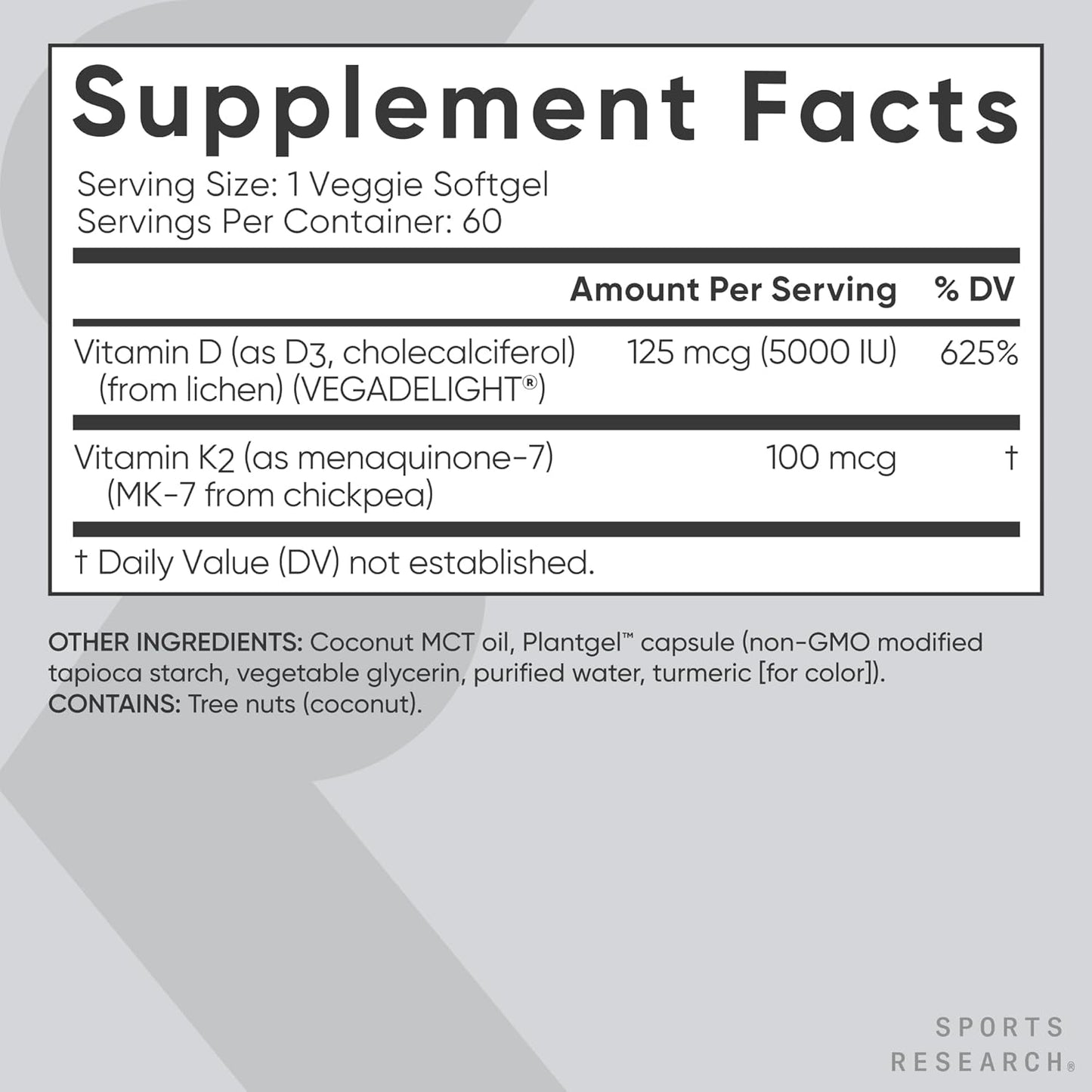 ® Vegan D3 5000Iu with Vitamin K2 100Mg - Formulated with Coconut MCT Oil - Vegan Certified, Soy & Gluten Free - 60 Softgels