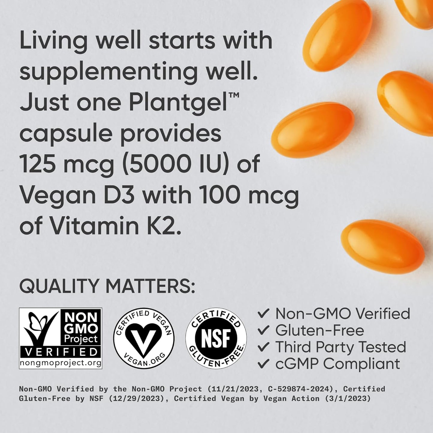 ® Vegan D3 5000Iu with Vitamin K2 100Mg - Formulated with Coconut MCT Oil - Vegan Certified, Soy & Gluten Free - 60 Softgels