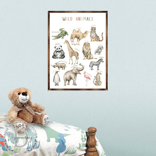 Wild Animals Kids Room Decor - Montessori Wooden Poster - Homeschool I Educational Poster - Classroom Decor - Playroom Art - 310219-0