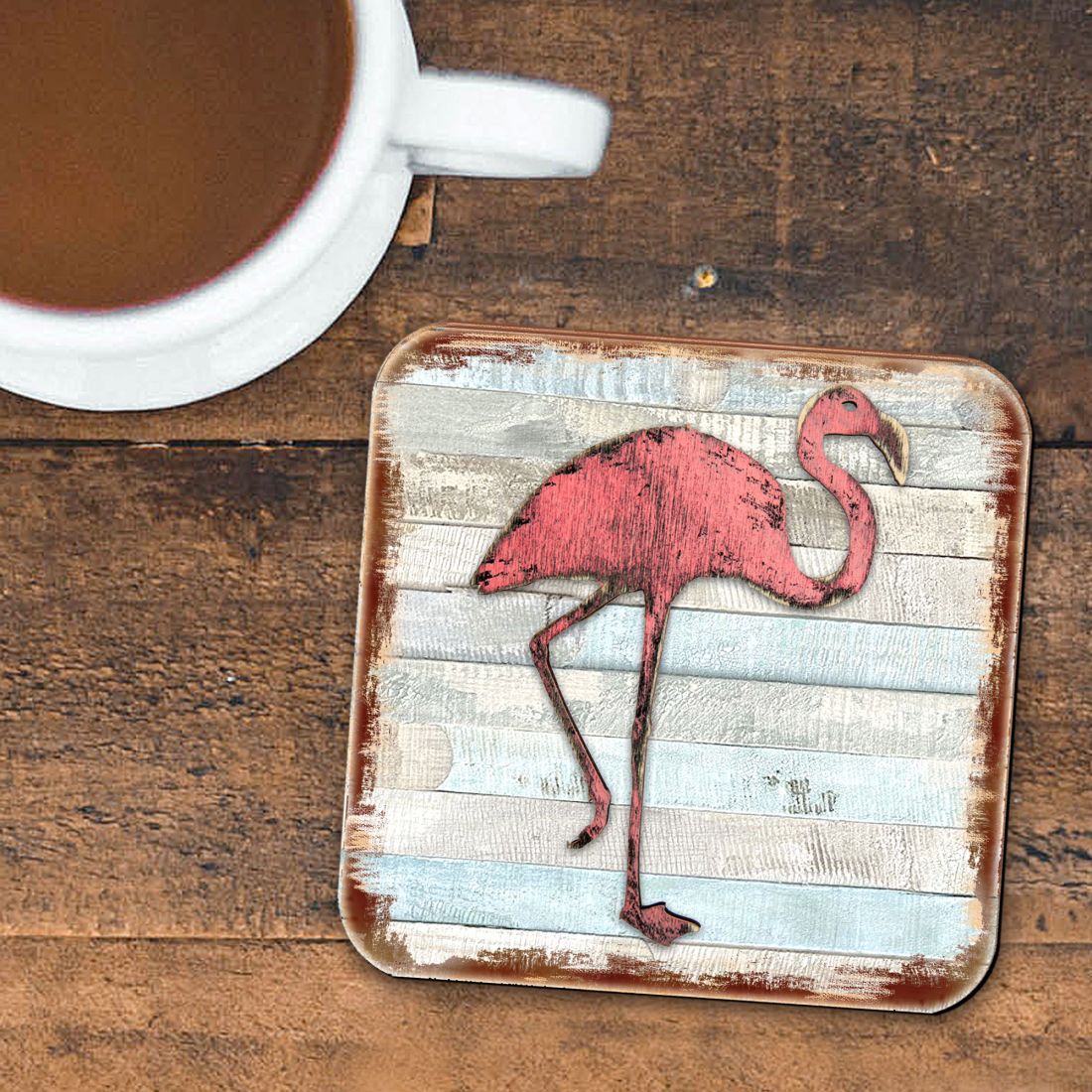 Flamingo Coastal Wooden Cork Coasters Gift Set of 4 by Nature Wonders - Coastal Sea-Life Decor - 8198544-9C-S4-2