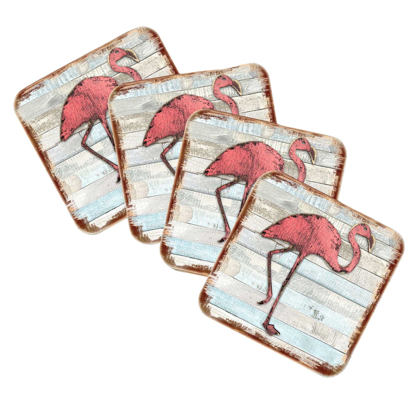 Flamingo Coastal Wooden Cork Coasters Gift Set of 4 by Nature Wonders - Coastal Sea-Life Decor - 8198544-9C-S4-4