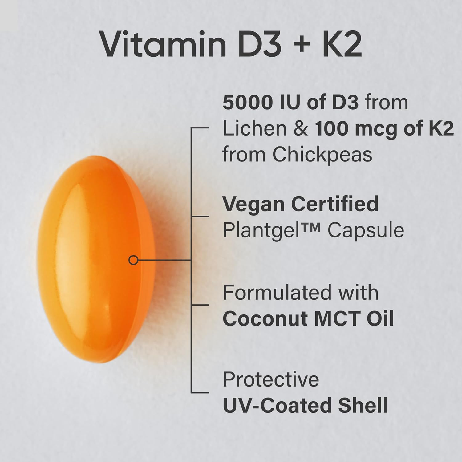 ® Vegan D3 5000Iu with Vitamin K2 100Mg - Formulated with Coconut MCT Oil - Vegan Certified, Soy & Gluten Free - 60 Softgels