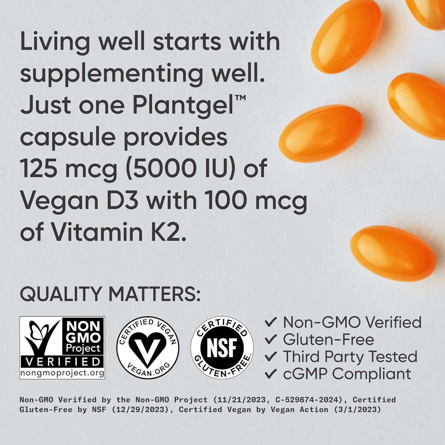 ® Vegan D3 5000Iu with Vitamin K2 100Mg - Formulated with Coconut MCT Oil - Vegan Certified, Soy & Gluten Free - 60 Softgels