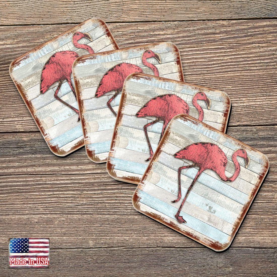 Flamingo Coastal Wooden Cork Coasters Gift Set of 4 by Nature Wonders - Coastal Sea-Life Decor - 8198544-9C-S4-0
